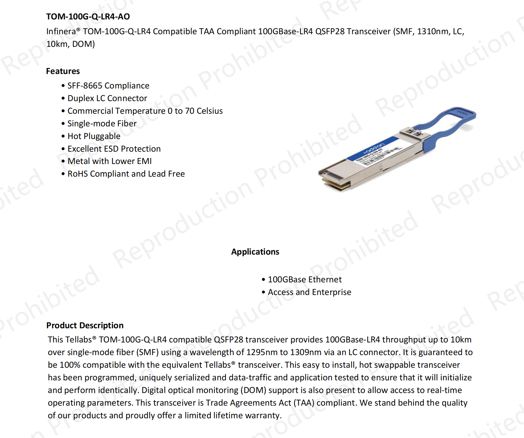 Infinera TOM 100G Q LR4 TOM2 100G Q LR4100GBase LR4 QSFP28 Transceiver